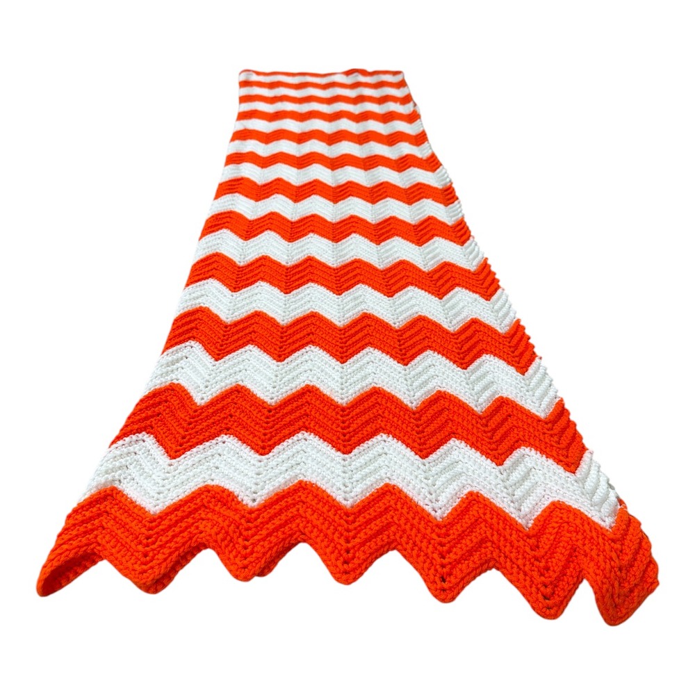 Hand Crochet Orange & White Afghan Throw Clemson Tennessee 89x50